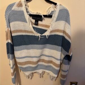 Polly & Esther V-Neck Sweater - Blue, White, Tan